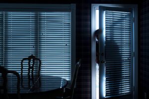 A person is entering a back door of a darkened house at night.