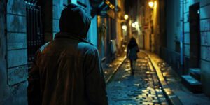 a hooded man following a woman on a dark street