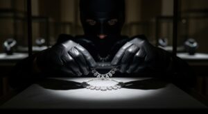 A criminal wering black mask and gloves stealing diamond necklace