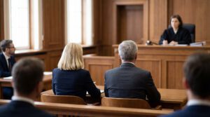 People seated in a courtroom during a preliminary hearing as the judge presides.