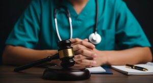 Medical professional in a courtroom facing criminal charges.